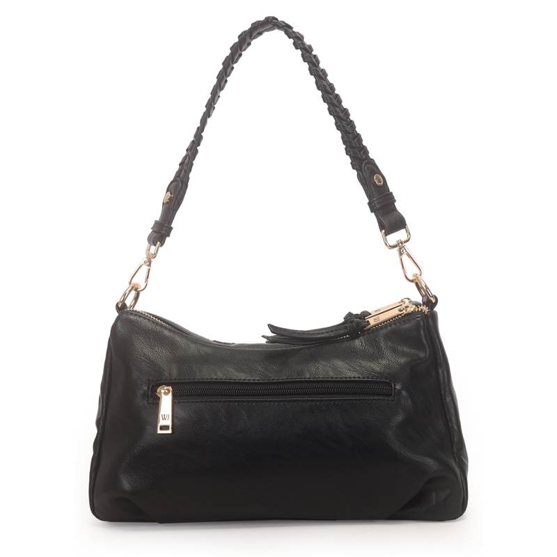 Bolsa tiracolo feminina preta WJ com bolso externo e alça trançada